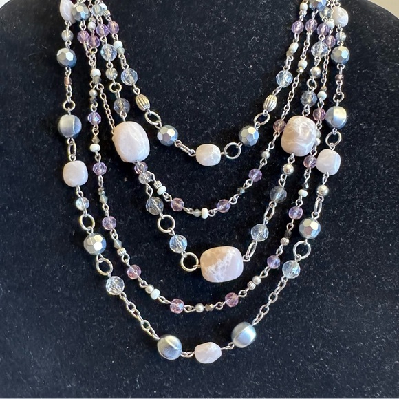 Lia Sophia "Sugar Plum" 5-Strand Necklace Genuine Jade Silver Tone Beaded - Picture 2 of 16